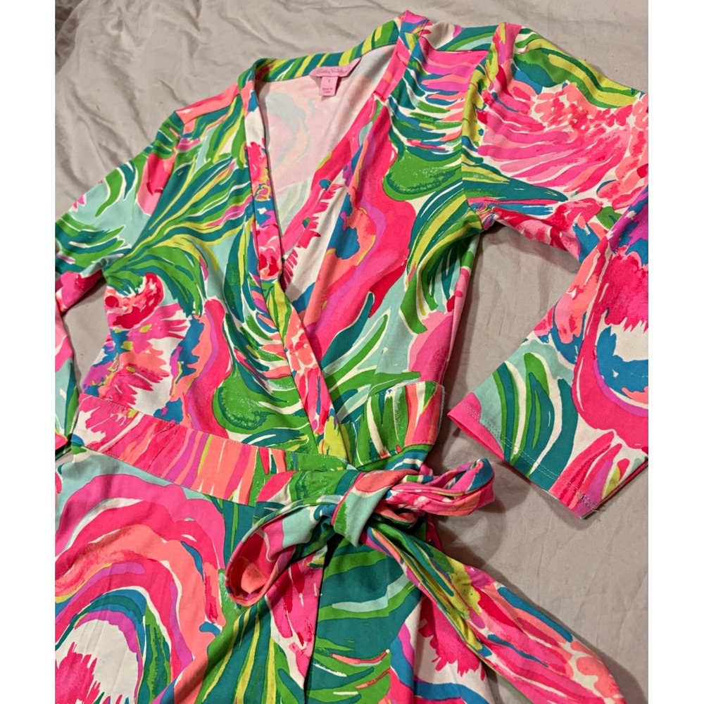 Lilly Pulitzer Emilia Wrap Dress S True Blue Paradise Point Floral 3/4 Sleeve